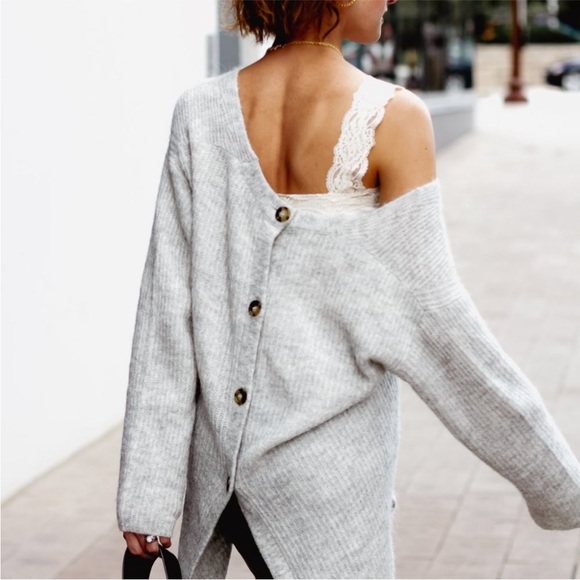 Women's Gray Sweater with Button Back Detail - Picture 5 of 14